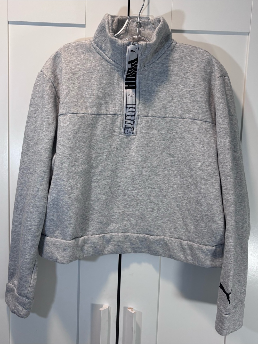 PUMA Cotton Blend Gray Cropped Fleece 1/4 Zip Pullover Sweatshirt Logo Women L